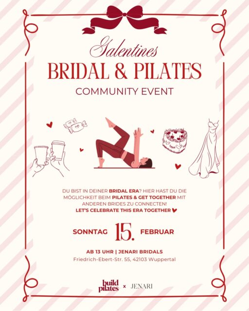 ❣️Galentine’s Bridal & Pilates – Community Event ❣️
Du bist frisch verlobt oder steckst bereits mitten in deiner Bridal Era? Dann ist dieses Event für dich ✨
Am Sonntag, den 15.02.26, laden wir dich gemeinsam mit @buildpilatesstudio zu unserem allerersten JENARI-Community Event ein.

Das erwartet dich:
Freu dich auf ein free Pilates Workout mit @buildpilatesstudio, dazu Matcha, Snacks, liebevoll zusammengestellte Goodie Bags und Raum zum Connecten. 

📍 Sonntag, 15. Februar
⏰ ab 13 Uhr
📍 JENARI - Bridal Concept Store (Friedrich- Ebert- Str. 55, 42103 Wuppertal)

Vielleicht bist du schon tief in der Hochzeitsplanung oder hast dein Kleid sogar bereits bei uns gefunden. Dann laden wir dich ein, dir eine bewusste Pause zu gönnen – eine besondere Freundinnenzeit, in der es nicht um To-do-Listen geht, sondern um Bewegung, Erholung und den Austausch mit anderen Bräuten, die gerade genau dasselbe erleben wie du.

Oder du bist frisch verlobt und weißt nicht womit du starten sollst?  Dann möchten wir dir die Möglichkeit geben, dich ganz entspannt bei uns umzuschauen – ohne klassischen Anprobenstress, in einer unkonventionellen Atmosphäre. Stöbere durch unser Sortiment, gönne dir auch eine kleine Ruhezeit bei einer Schnuppersession Pilates, gehe mit Brides und Bridalexperten in den Austausch und starte soft in diese spannende Phase hinein. Als kleines Extra profitierst du beim Event von einem Gutschein auf dein Brautkleid. 
Egal in welcher Phase du gerade bist: Hier stehen Good Vibes und Me Time an erster Stelle, lass uns deine Bridal Era gemeinsam zelebrieren ✨

Da es sich um ein exklusives & kostenloses Event handelt, sind die Plätze begrenzt, daher bitten wir euch rechtzeitig über den Link in der Bio anzumelden 🫶🏻
Du willst die erste Sein, die an unserem Galentines Event teilnimmt?
Dann kommentiere unter diesem Post : 
„Bridal Era“ & verlinke die Person, mit der du gerne kommen möchtest. w
Wir melden uns via DM direkt bei dir und sichern dir einen Spot ♥️
Wir freuen uns auf euch 🫶🏼

Unsere Community Professionels:
@buildpilatesstudio 
@jenari_bridals 
@echtundewig